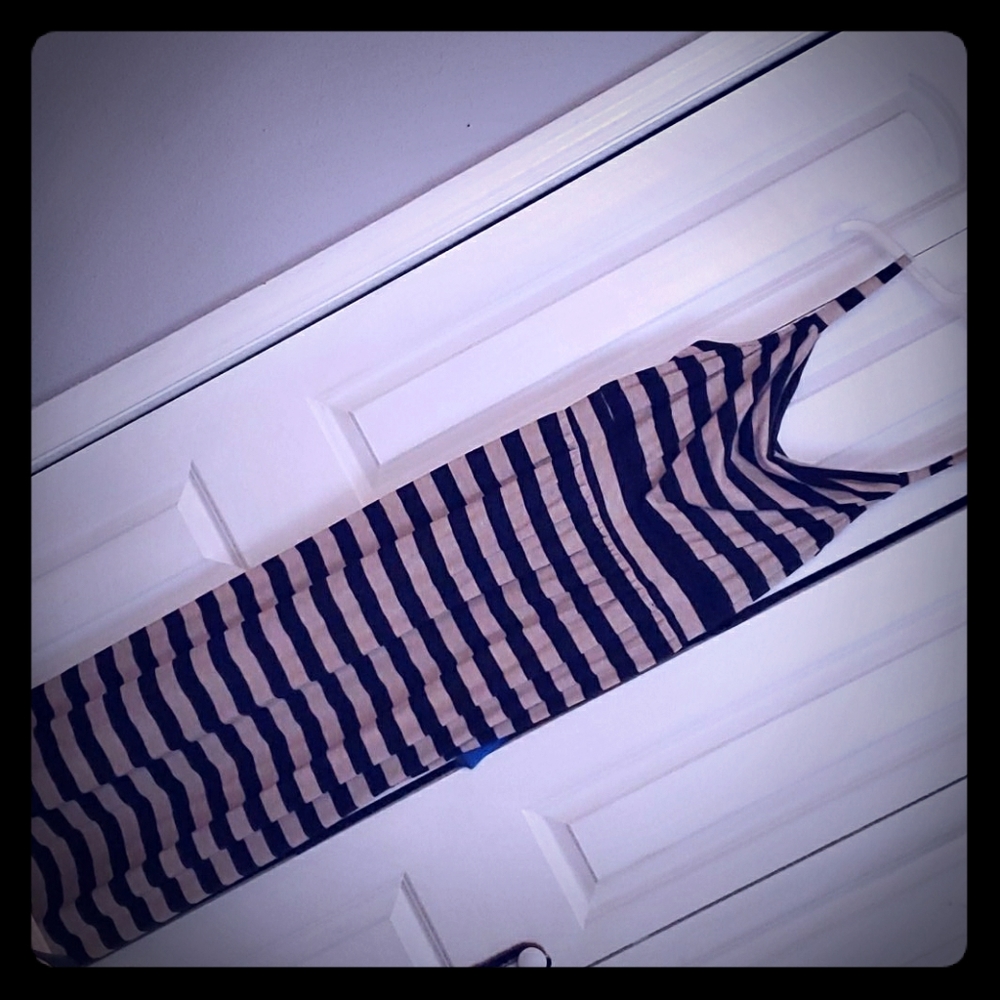 L tan and black striped maxi dress